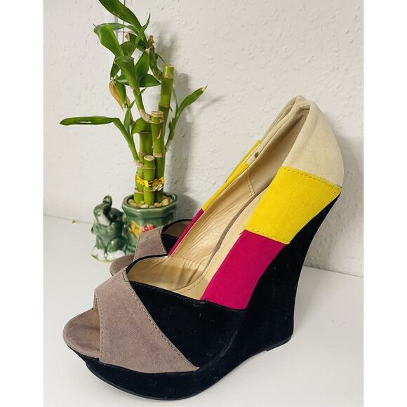 Pre-Owned Alba Color Black Yellow 5" High Heel Open Toe Wedges SZ 6 Disco - Picture 4 of 8